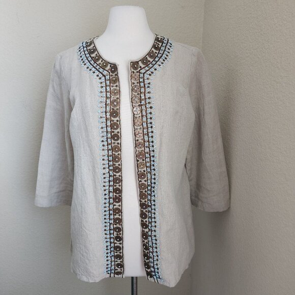 Chicos Jacket Women's 2 L 12 Embellished 100% Linen 3/4 Sleeves Tan Boho Casual‎ - Picture 15 of 15